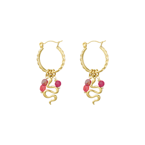 Hoops med slange charm og perler - Mørk rosa