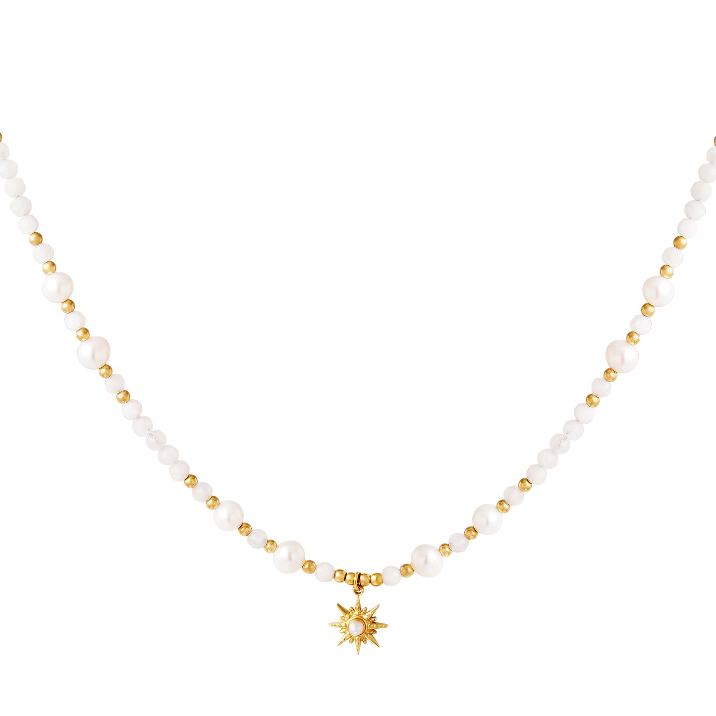 Perlebesat Halskæde med Stjerne - Hvid