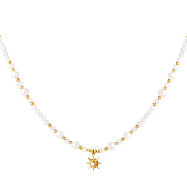 Perlebesat Halskæde med Stjerne - Hvid